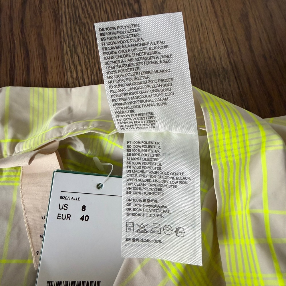 H&M Neon Yellow Plaid Tiered Ruffle Mini Skirt Flared Check Pockets Size 8 - Picture 8 of 11